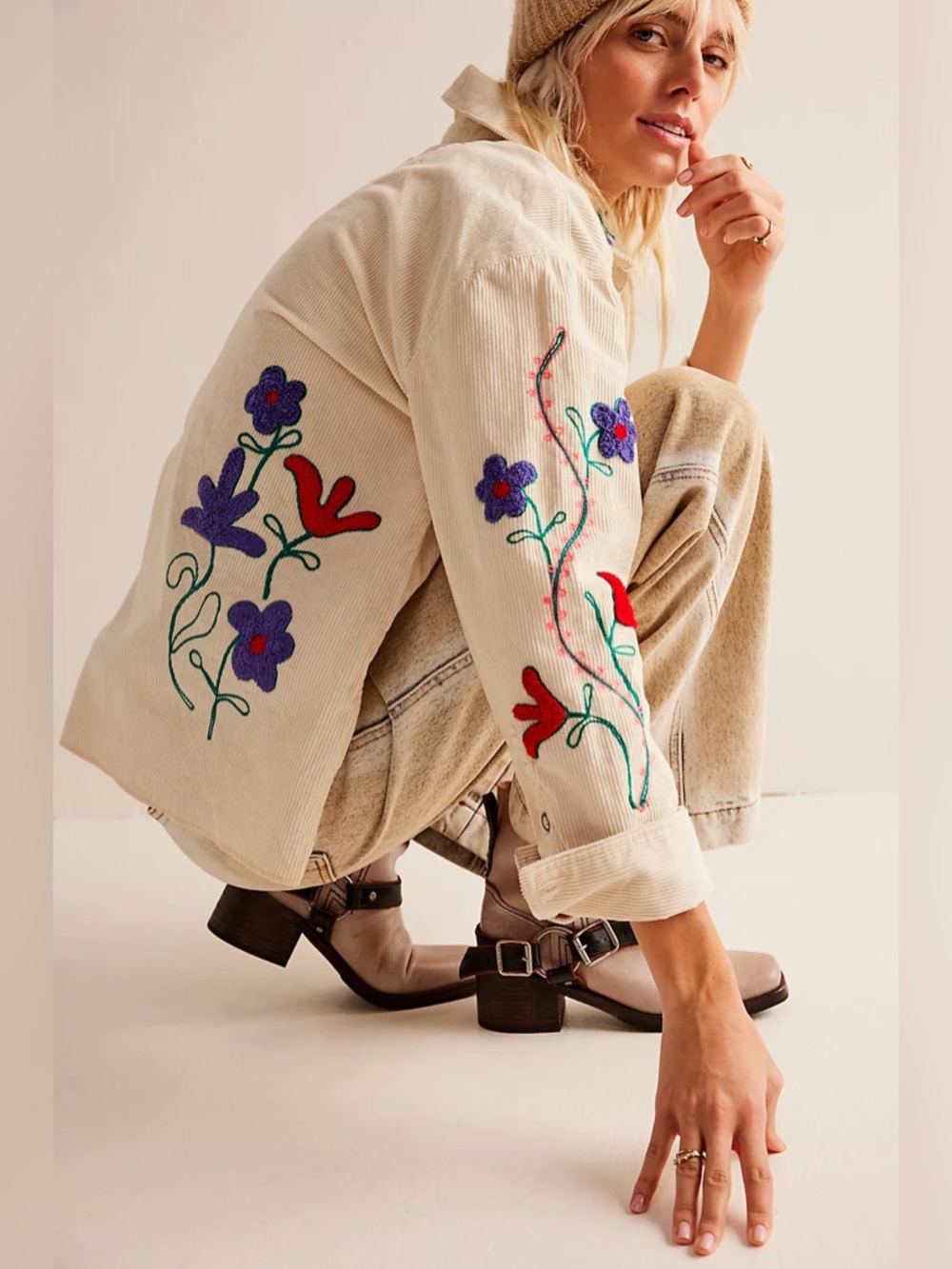We The Free Cream Corduroy V-Neck Jacket with Red & Purple Floral Embroidery